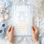 Elegant Blue Bow & Cross Boy Baptism 招待状