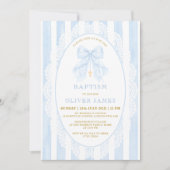 Elegant Blue Bow & Cross Boy Baptism 招待状 (正面)