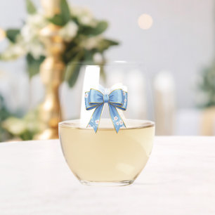 Elegant Blue Bow Engagement Party Invitation ステムなしワイングラス