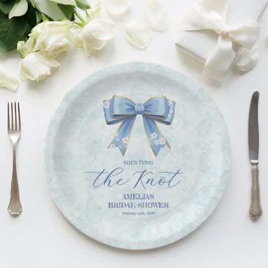 Elegant Blue Bow Engagement Party Invitation ペーパープレート