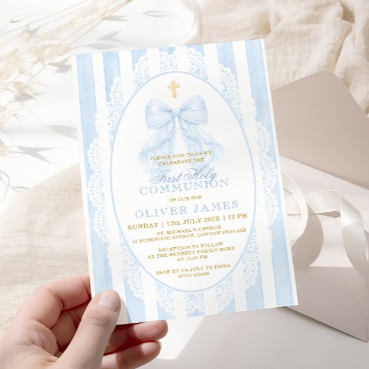 Elegant Blue Bow First Holy Communion 招待状
