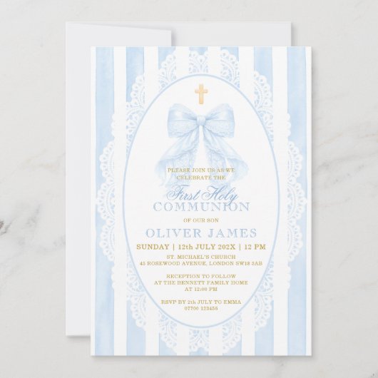 Elegant Blue Bow First Holy Communion 招待状 (正面)