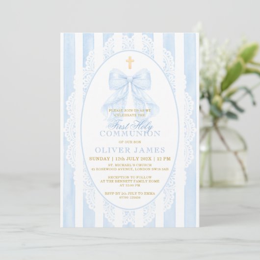 Elegant Blue Bow First Holy Communion 招待状 (スタンド正面)