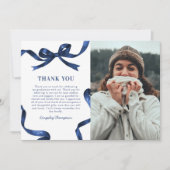 Elegant Blue Bow Graduation Photo サンキューカード (正面)
