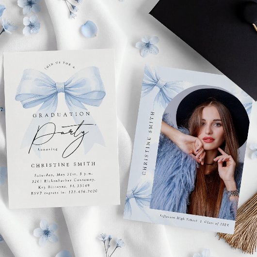 Elegant Blue Bow Graduation Photo Invitation 招待状