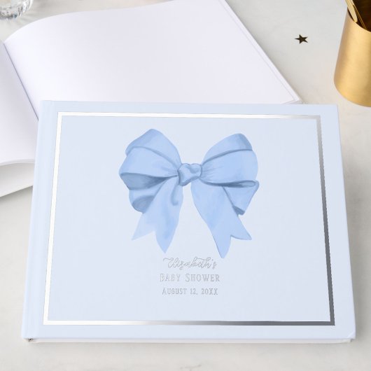 Elegant Blue Bow It's a Boy Baby Shower Silver ゲストブック