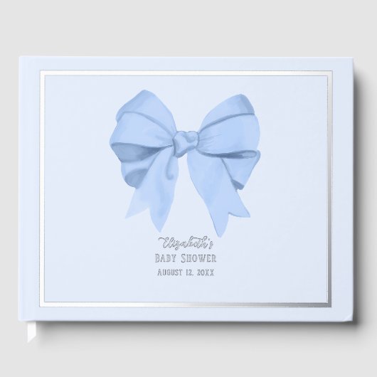 Elegant Blue Bow It's a Boy Baby Shower Silver ゲストブック (正面)