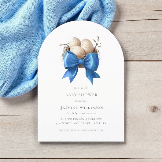 Elegant Blue Bow Nest Baby Shower 招待状