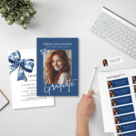 Elegant Blue Bow Photo 2026 Graduation Party 招待状