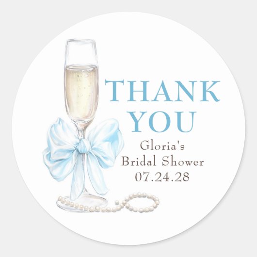 Elegant Blue Bow Prosecco Bridal Shower Thank You ラウンドシール (正面)