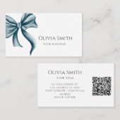 Elegant Blue Bow QR Code 名刺 (正面/裏面)