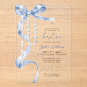 Elegant Blue Bow & Rosary Baptism アクリル招待状 (正面)