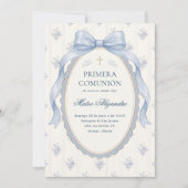 Elegant Blue Bow Spanish Primera Comunion 招待状 (正面)