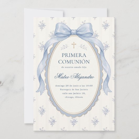 Elegant Blue Bow Spanish Primera Comunion 招待状 (正面)