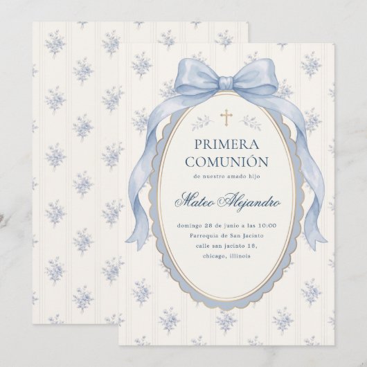 Elegant Blue Bow Spanish Primera Comunion 招待状 (正面/裏面)