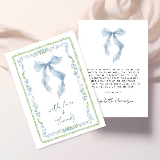 Elegant Blue Bow Watercolor Bridal Shower サンキューカード