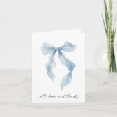Elegant Blue Bow Watercolor Bridal Shower サンキューカード (正面)