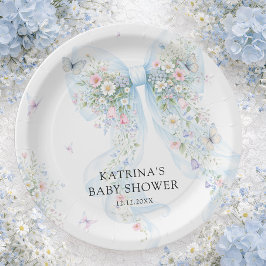 Elegant Blue Bow Wildflower Baby Shower ペーパープレート