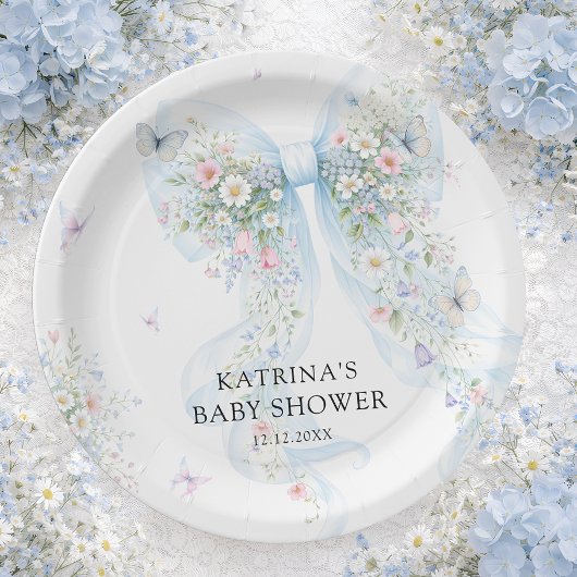 Elegant Blue Bow Wildflower Baby Shower ペーパープレート
