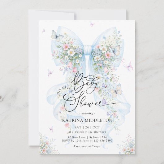 Elegant Blue Bow Wildflower Baby Shower 招待状 (正面)