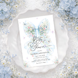 Elegant Blue Bow Wildflower Baby Shower 招待状