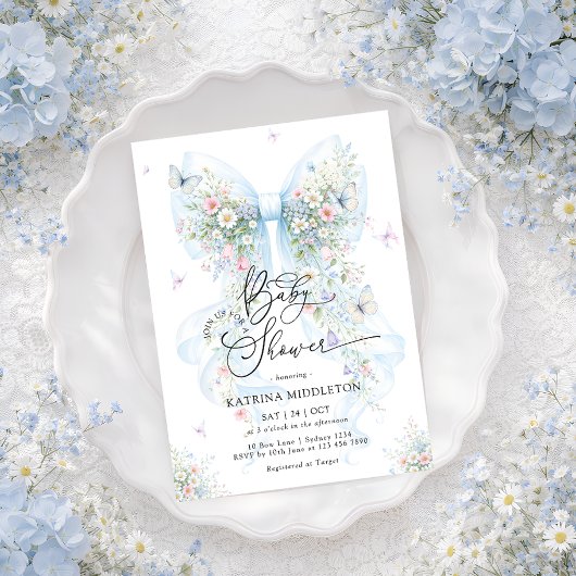 Elegant Blue Bow Wildflower Baby Shower 招待状