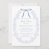 Elegant Blue Bows & Flowers Baby Shower 招待状 (正面)