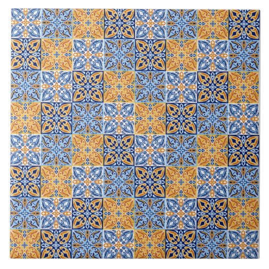 Elegant blue& brow yellow Italian  pattern  タイル (正面)