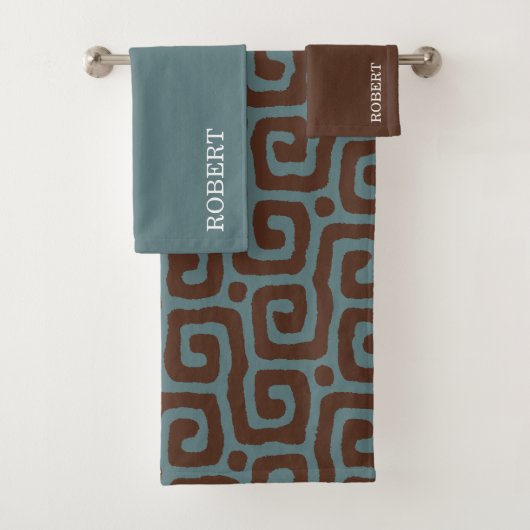 Elegant Blue &Brown Abstract Pattern Monogram バスタオルセット (インサイチュ)