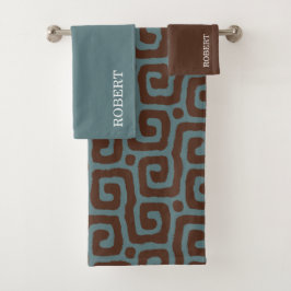 Elegant Blue &Brown Abstract Pattern Monogram name バスタオルセット