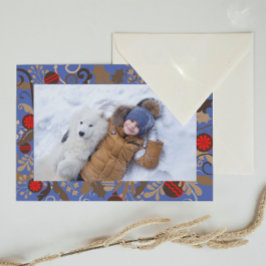 Elegant Blue & Brown Personalized Photo Christmas ポストカード