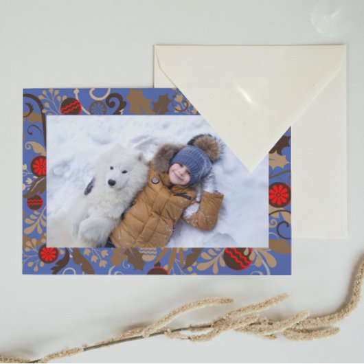 Elegant Blue & Brown Personalized Photo Christmas ポストカード