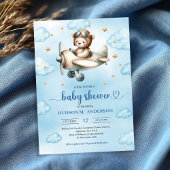 Elegant Blue Brown Teddy Bear Pilot Baby Shower  招待状