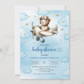 Elegant Blue Brown Teddy Bear Pilot Baby Shower  招待状 (正面)