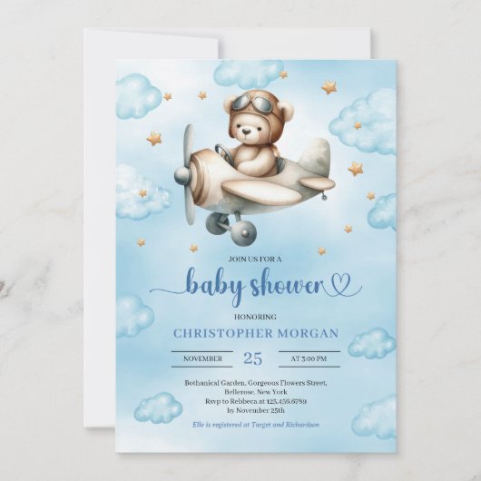 Elegant Blue Brown Teddy Bear Pilot Baby Shower  招待状 (正面)