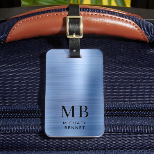Elegant Blue Brushed Metal Monogrammed ラゲッジタグ (正面インサイチュ2)