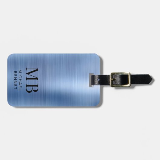 Elegant Blue Brushed Metal Monogrammed ラゲッジタグ (正面横)