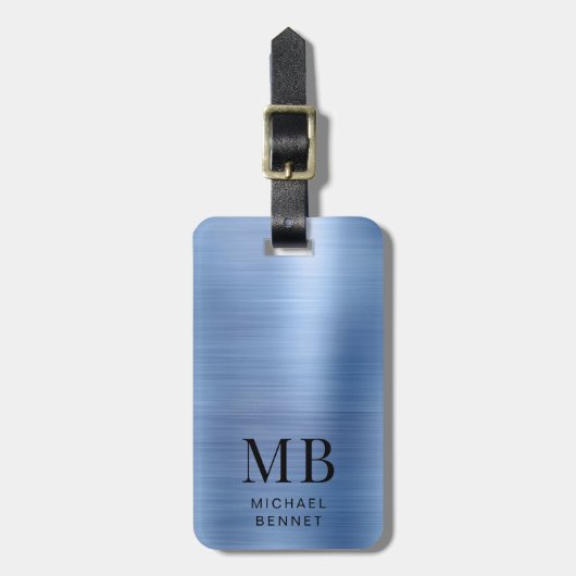 Elegant Blue Brushed Metal Monogrammed ラゲッジタグ (正面縦)