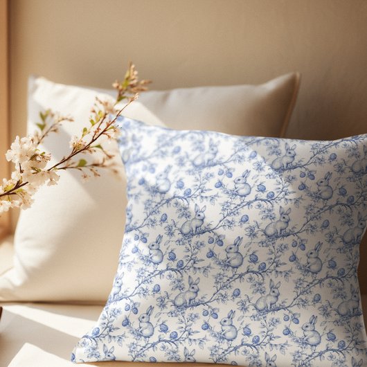 Elegant Blue Bunny Toile Easter クッション
