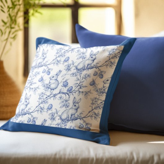 Elegant Blue Bunny Toile Easter Throw Pillow クッション
