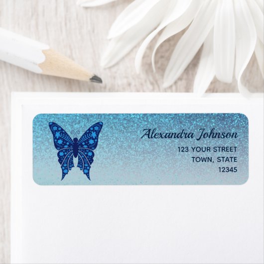 Elegant Blue Butterfly Return Address  ラベル (インサイチュ)