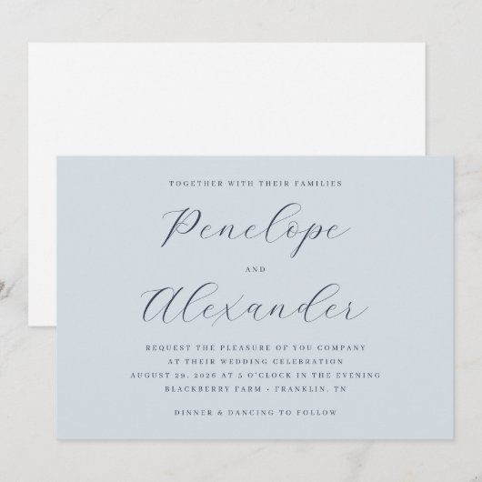 Elegant Blue Calligraphy 招待状 (正面/裏面)