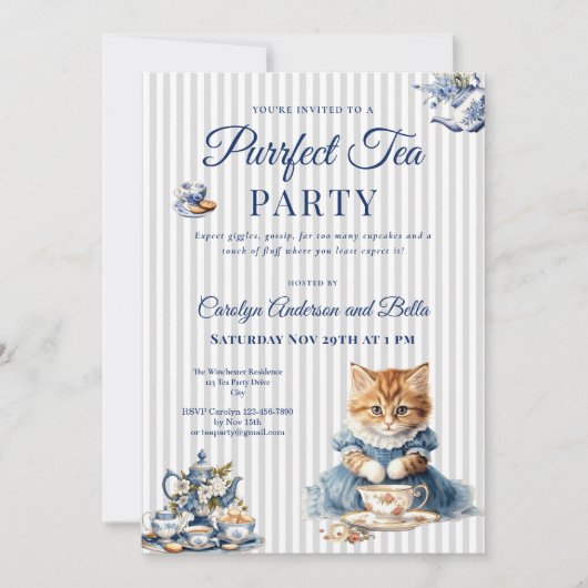 Elegant Blue Cat Party Invitation Template 招待状 (正面)