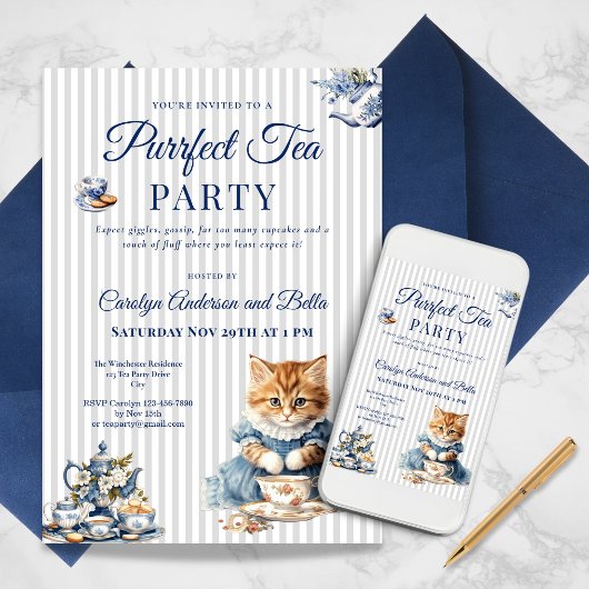 Elegant Blue Cat Party Invitation Template 招待状
