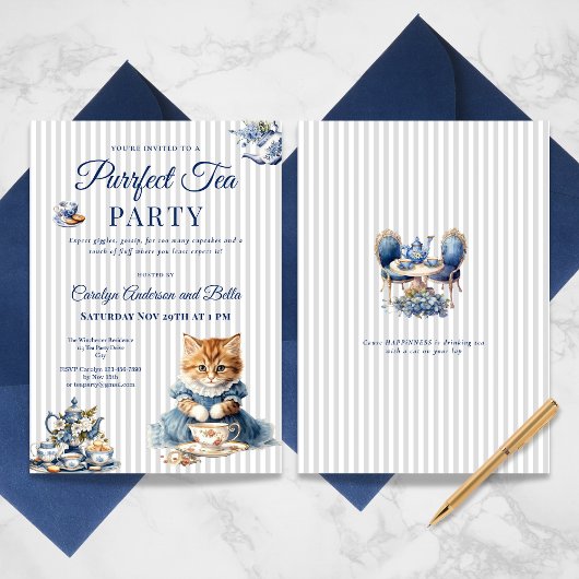 Elegant Blue Cat Party Invitation Template 招待状