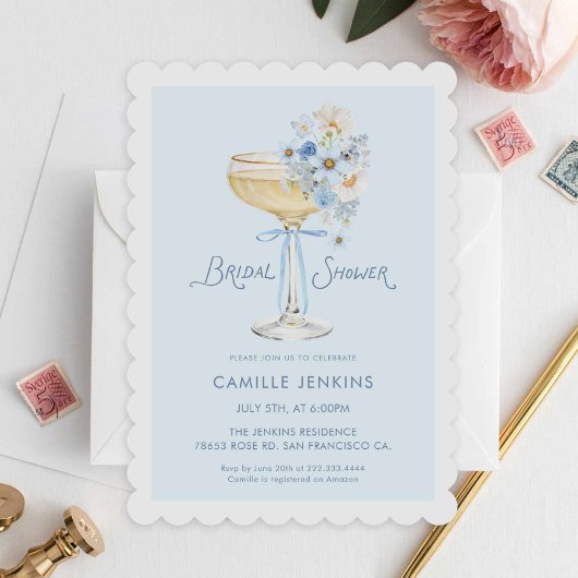 Elegant Blue Champagne Brunch Garden Bridal Shower 招待状