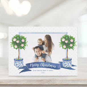 Elegant Blue Chinoiserie Christmas Tree Photo  Hol シーズンカード