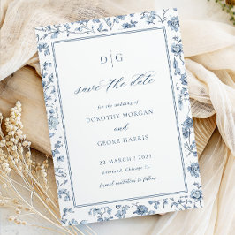 Elegant Blue Chinoiserie Flat Save The Date Card セーブザデート