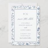 Elegant Blue Chinoiserie Flat Save The Date Card セーブザデート (正面)