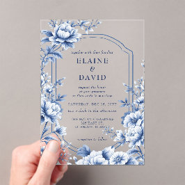 Elegant Blue Chinoiserie Floral Botanical Wedding アクリル招待状